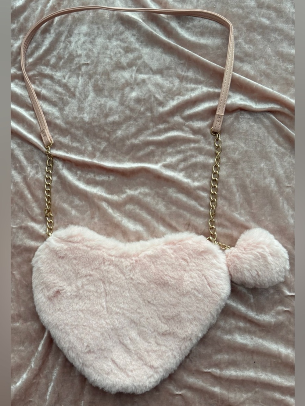 Pink Heart Faux Fur Crossbody Bag with Pom Pom